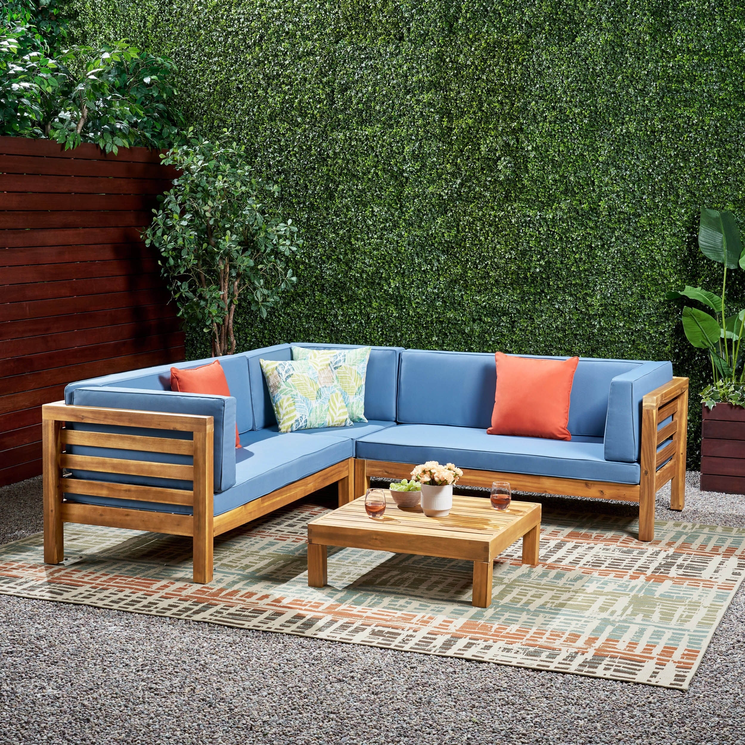 Oana Outdoor 5 Seater V Shaped Mid-Century Modern Acacia Wood Sectional Sofa Set with Coffee Table by Christopher Knight Home