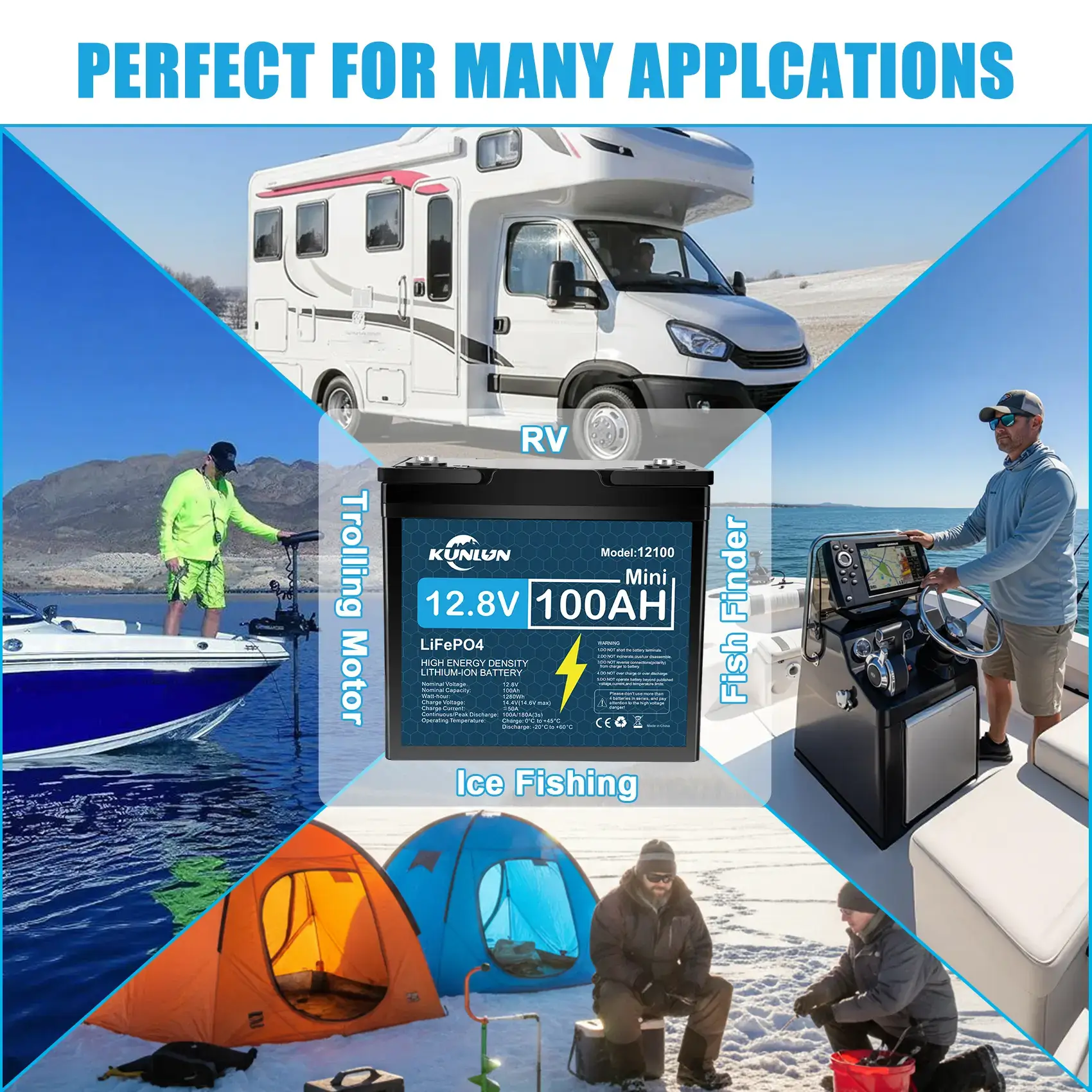 12V 100Ah LiFePO4 Battery, Smart BMS 5000+ Cycles Maintenance-Free