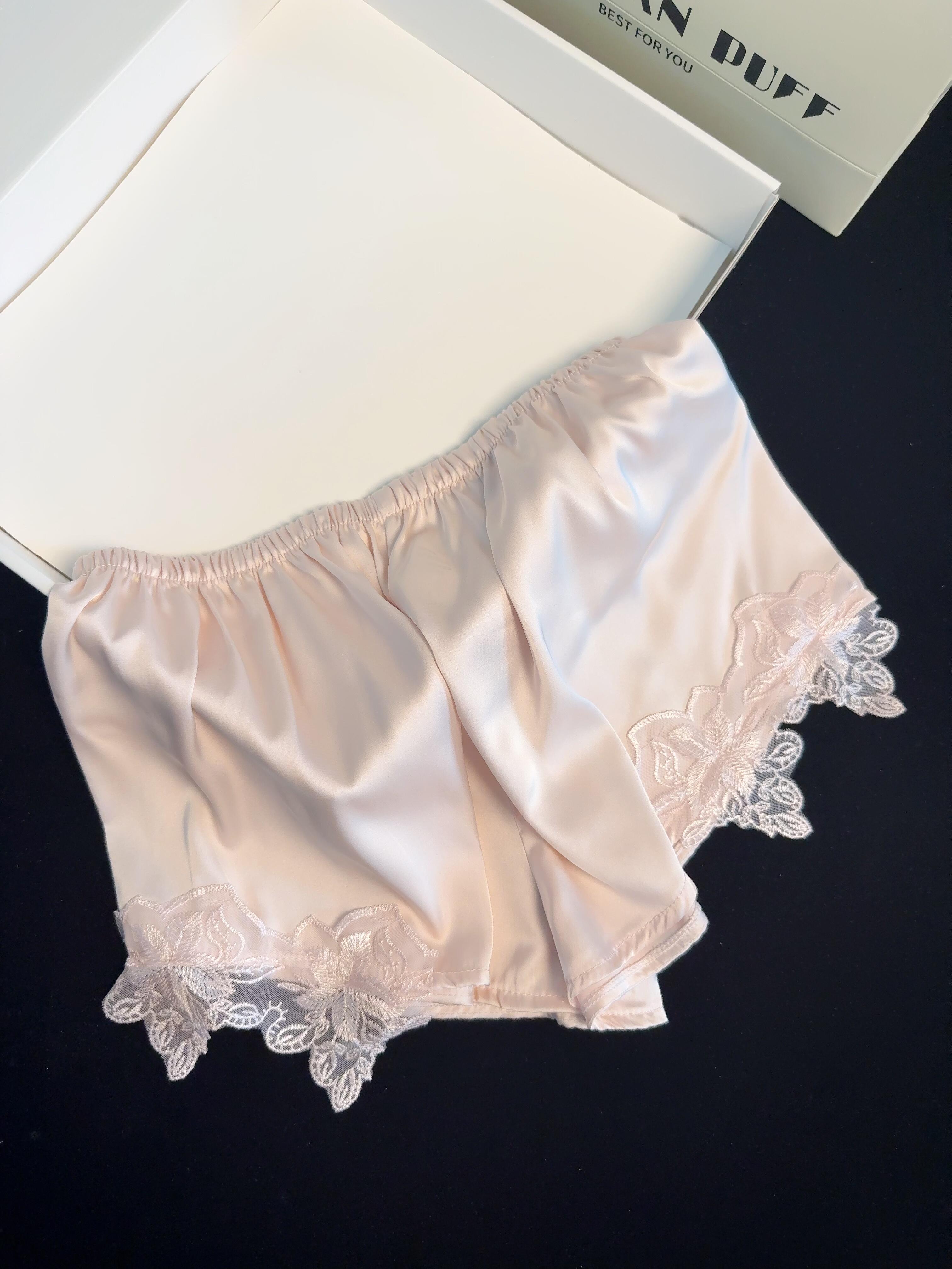 Pink Lace Satin Pajama Set for Women 2 Piece Silky Lingerie Sleepwear Camisole Pj Shorts Set Soft Nightwear
