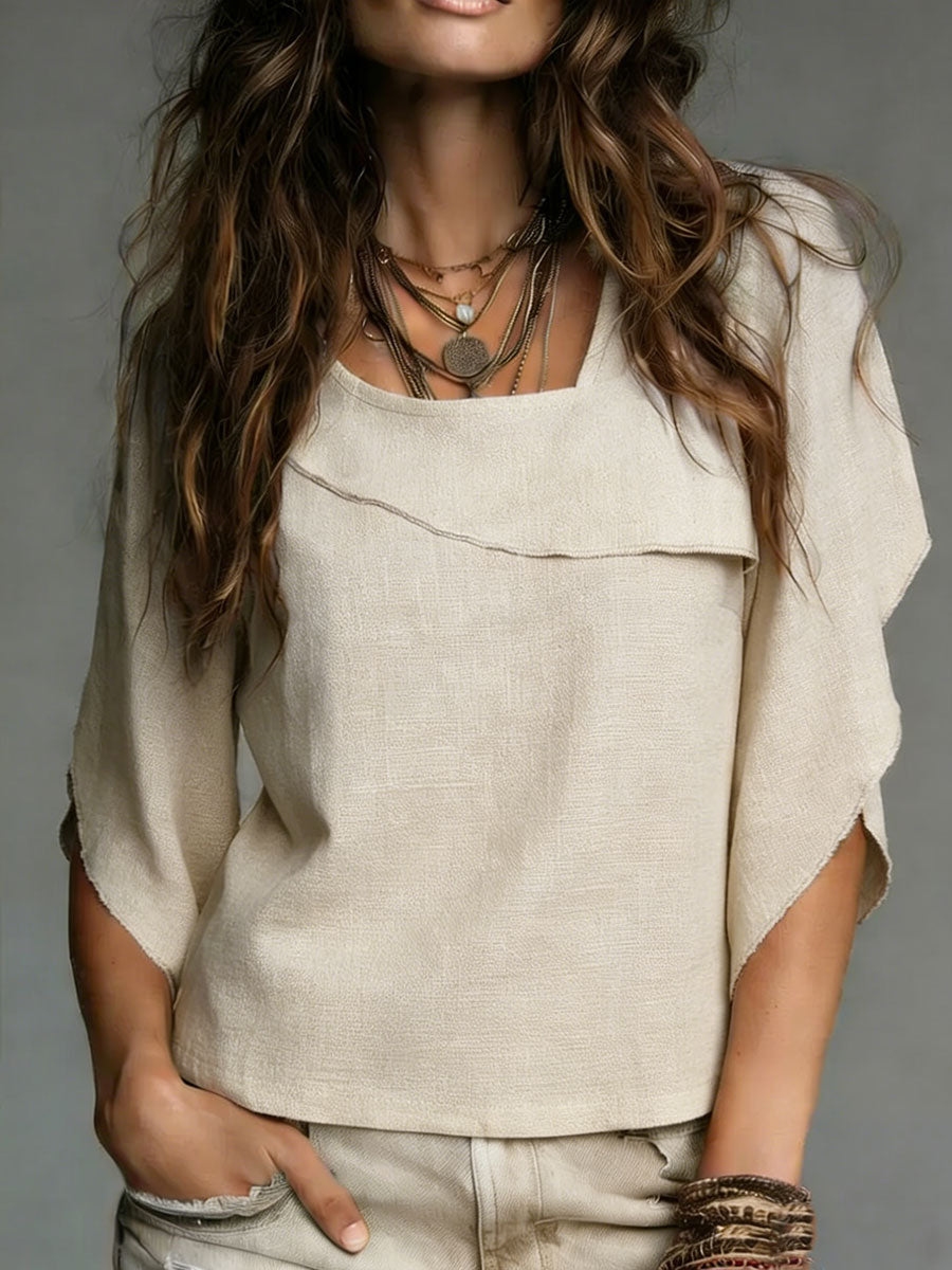 Layered Square Neck Linen Blend Blouse