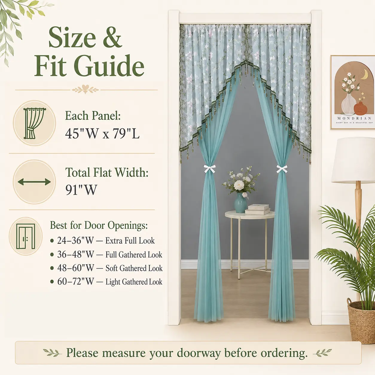 Sheer Floral Door Curtain with Tassel Trim