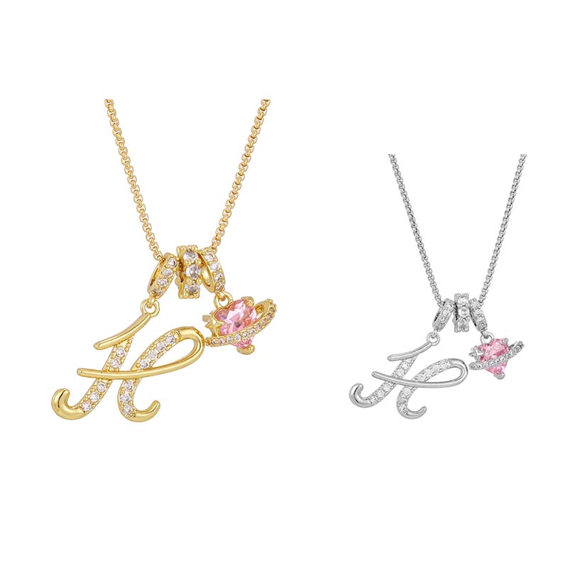 Initial Letter Necklace with Pink Heart Charm