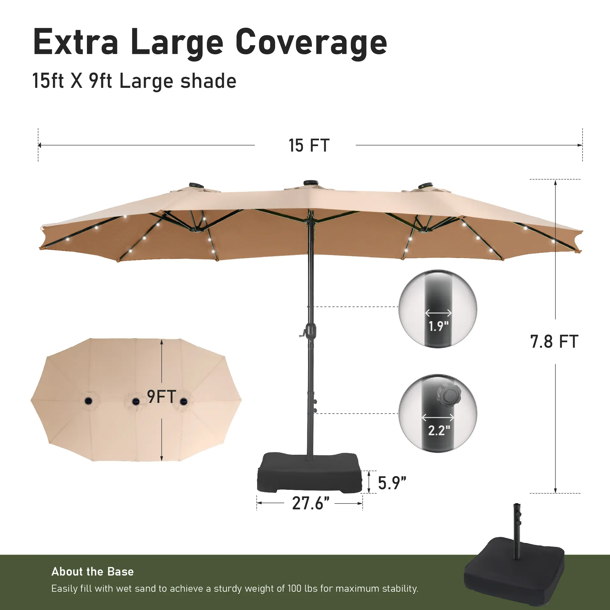 15ft Large Outdoor Patio Umbrella with Base – LED Light Option, Double-Sided, Crank Handle, Waterproof，Comes with Weighted Base and Sandbag, Accommodates 10 People, Great for Poolside, Garden, Lawn, Backyard, Deck and Beach