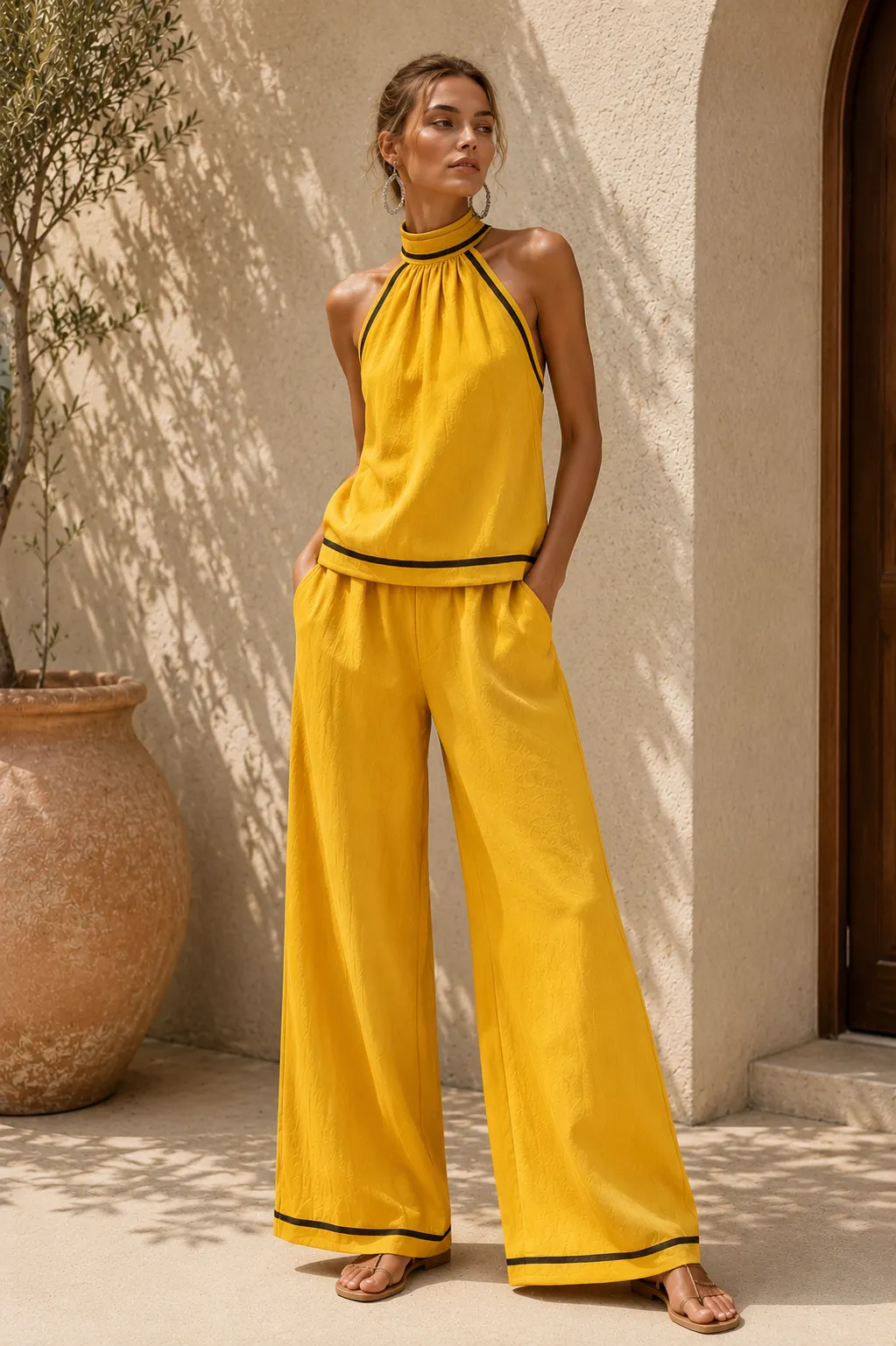 Contrast Trim Halter Top & Wide Leg Pants Set