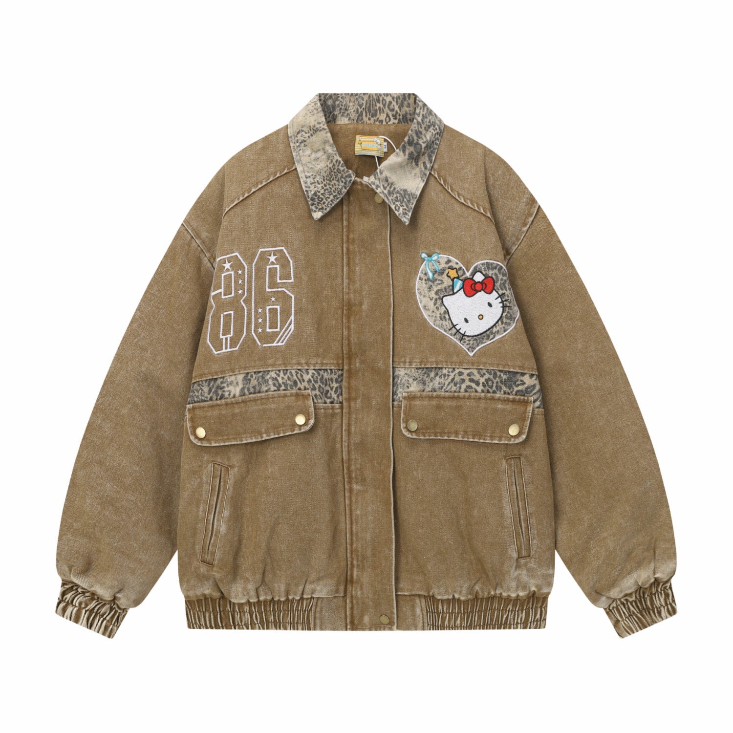 Hellokitty Brown Leopard Print Varsity Jacket Baseball Bomber Jacket Vintage Unisex Streetwear Coats
