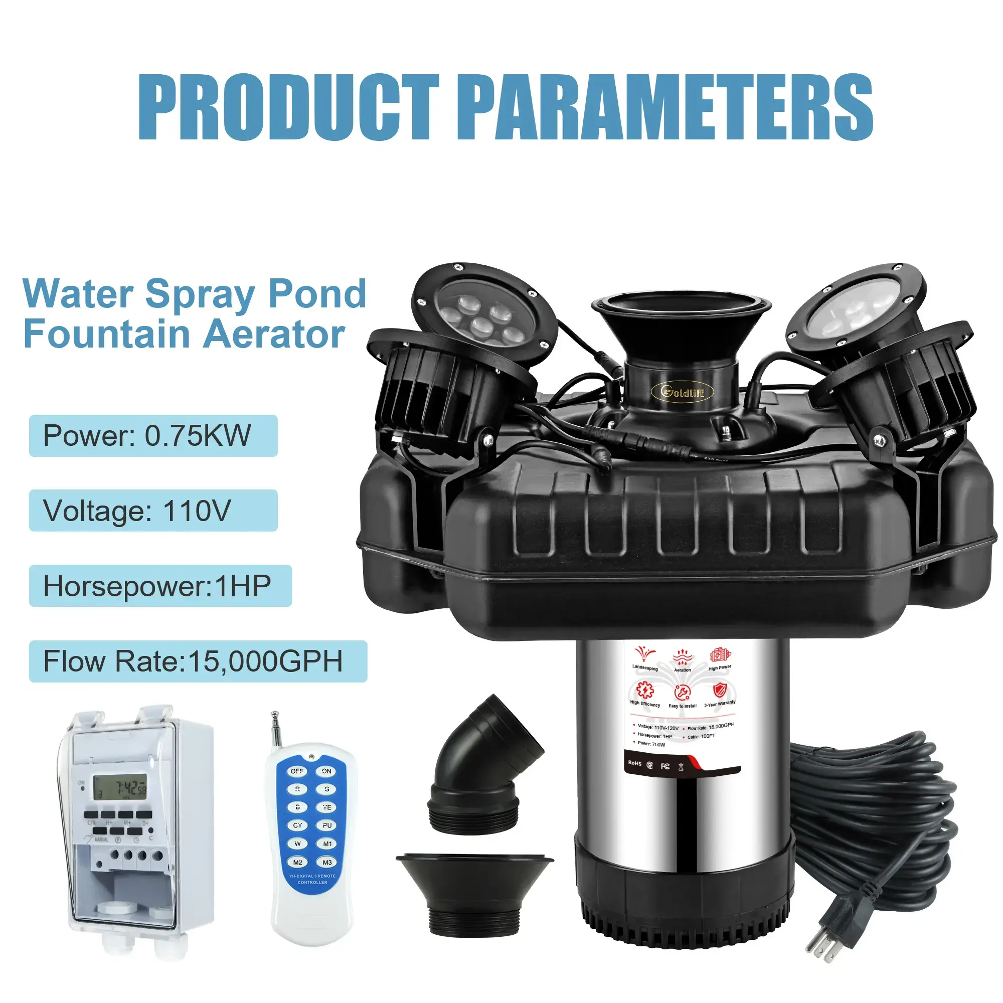 Pond Fountain Aerator, F3 With 4 RGB Lights, 1HP 750W 110V Stainless Steel Floating Fountain With 100FT Power Cord, Octagon Aerating Fountain Pump for Small Large Pond Lake Pool Bay Fish farm