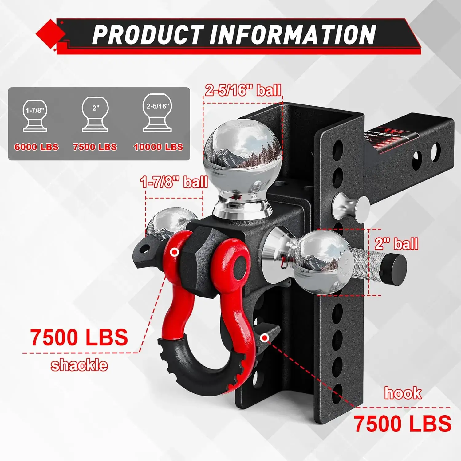 Adjustable Heavy-Duty Tri-Ball Trailer Hitch Mount with Anti-Theft Lock Pins & Rotatable Tow Shackle, No-Rattle Towing for 2