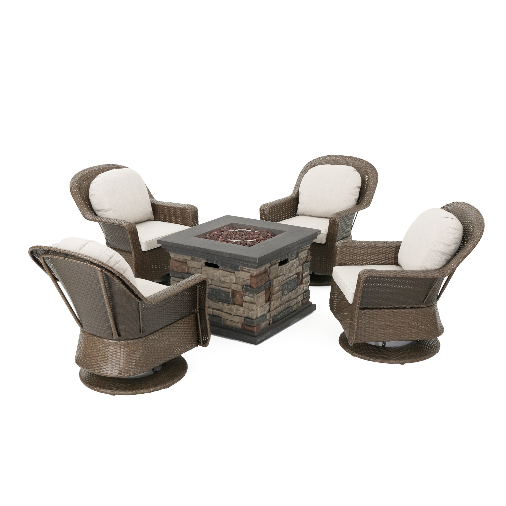 5pc Brown and Ceramic Gray Contemporary Outdoor 4 Seater Chat Set with Fire Pit