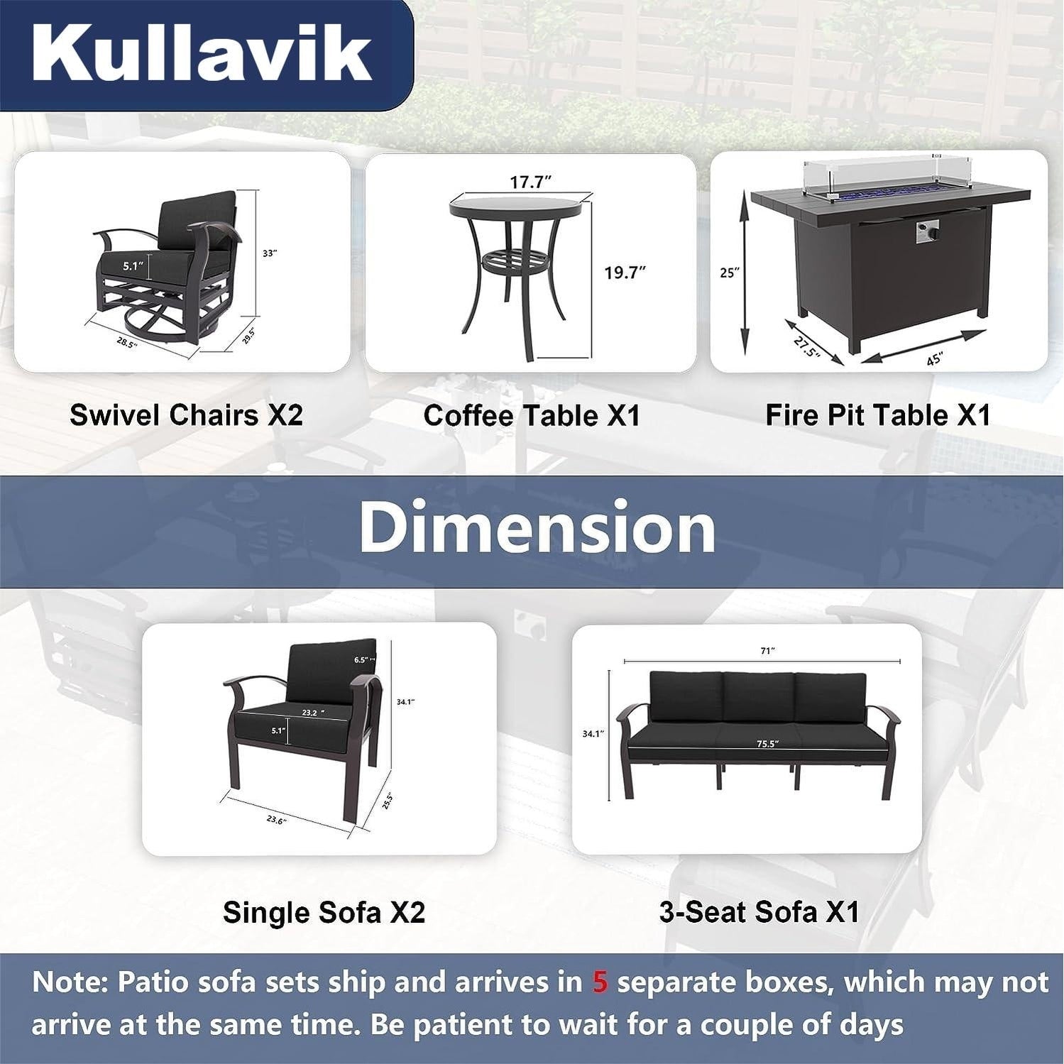 Kullavik Aluminum Outdoor Patio Furniture with Curved Armrests & Firepit Table