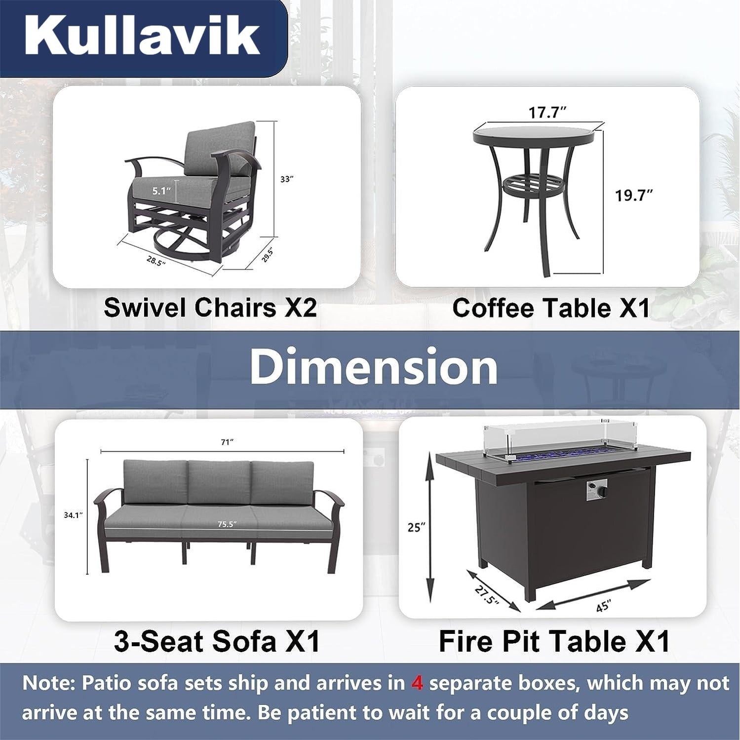 Kullavik Aluminum Outdoor Patio Furniture with Curved Armrests & Firepit Table
