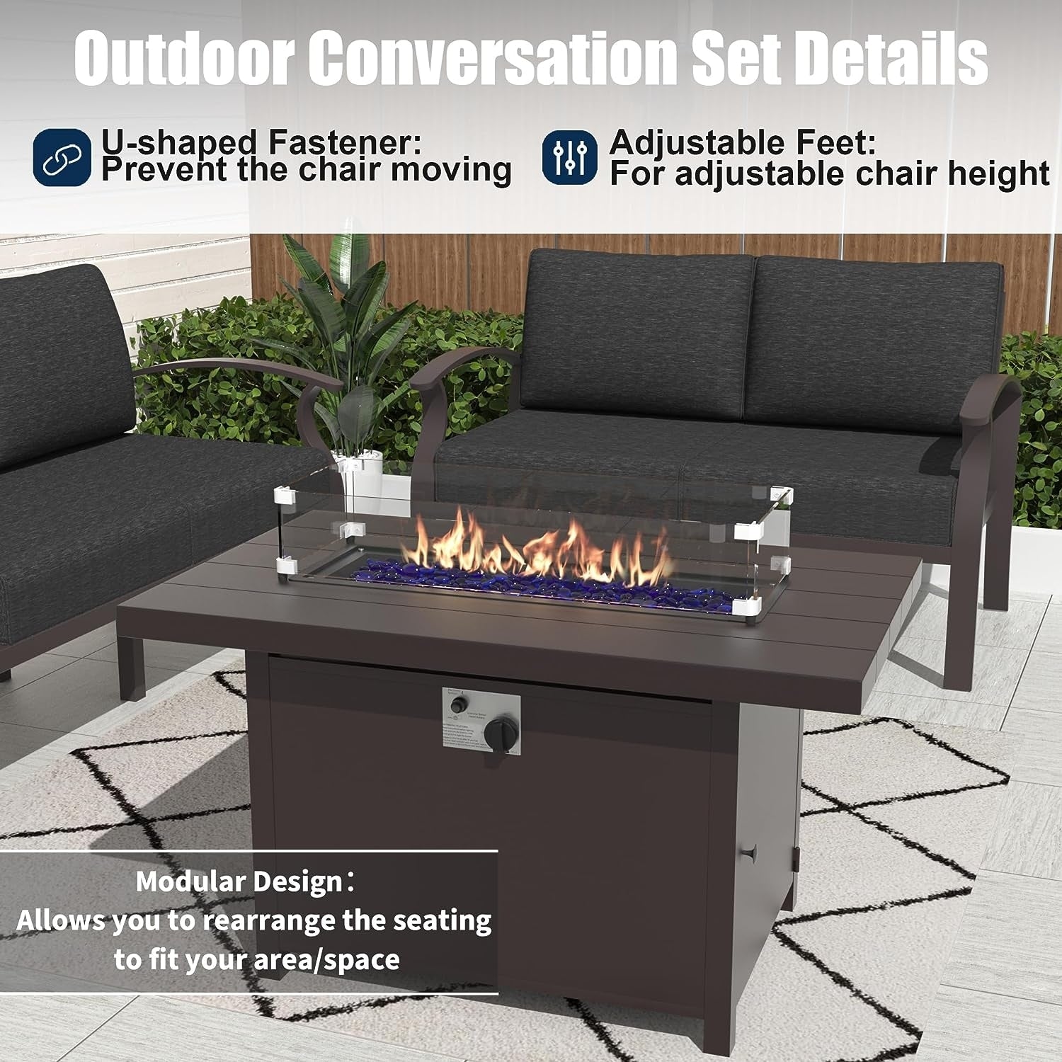 Kullavik Aluminum Outdoor Patio Furniture with Curved Armrests & Firepit Table
