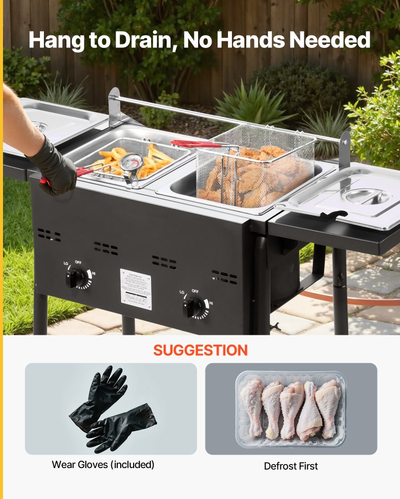 ⚡️Clearance sale⚡️ Outdoor Propane Deep Fryer, Dual-Tank 8QTx2 Commercial Fryer, Stainless Steel Cooker with Foldable Platform