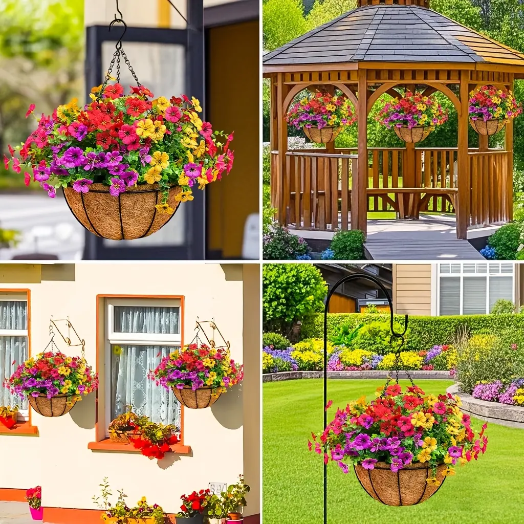 2 Pcs Set UV-Safe Outdoor Decorative Hanging Flower Baskets, 24 Daisies + Eucalyptus Realistic Flowers for House Decor, Balcony Garden Use