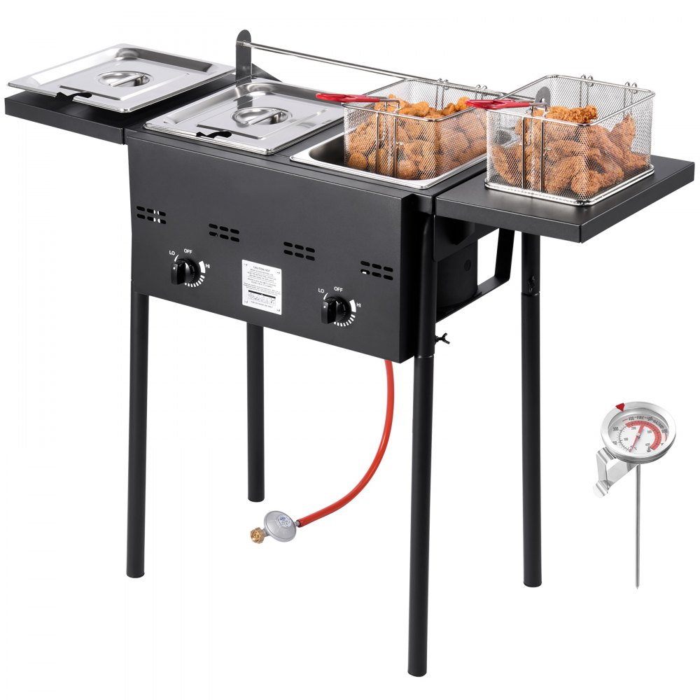 ⚡️Clearance sale⚡️ Outdoor Propane Deep Fryer, Dual-Tank 8QTx2 Commercial Fryer, Stainless Steel Cooker with Foldable Platform