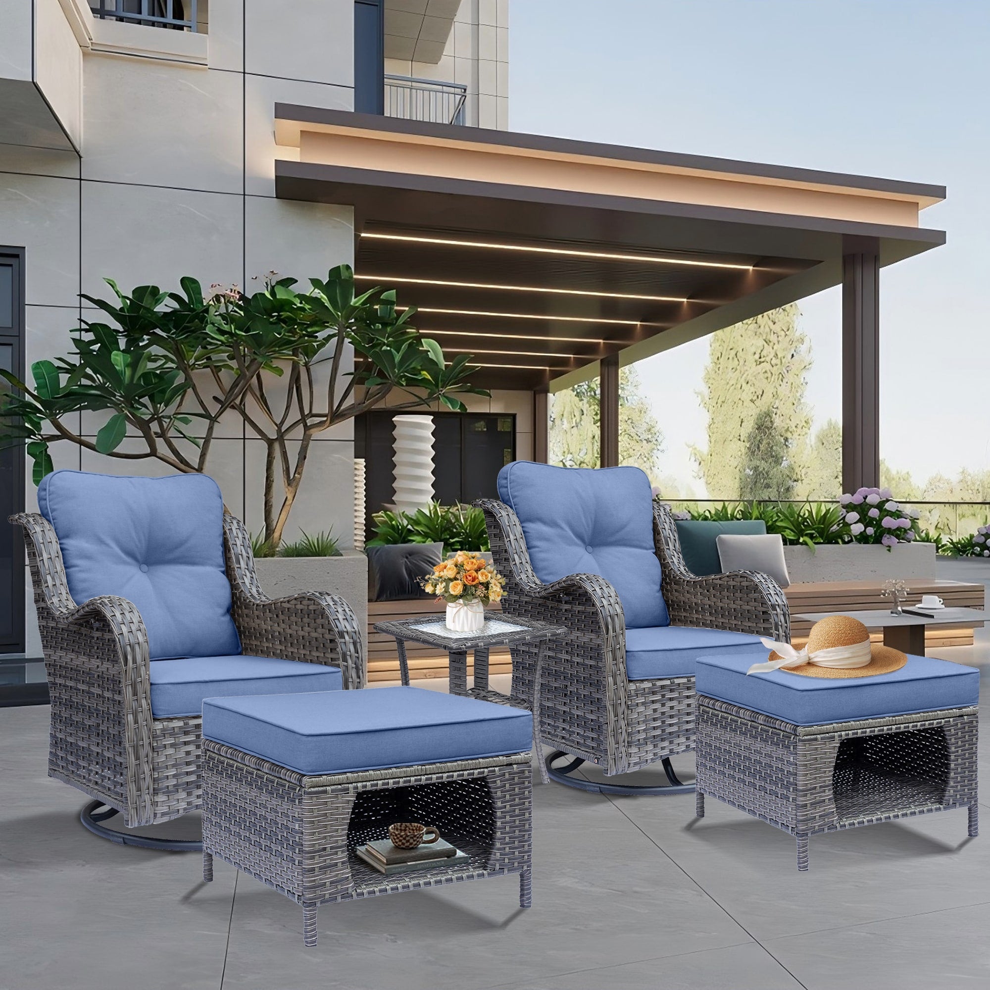 Outdoor Patio Furniture Set-Wicker Patio Conversation Swivel Chair Set