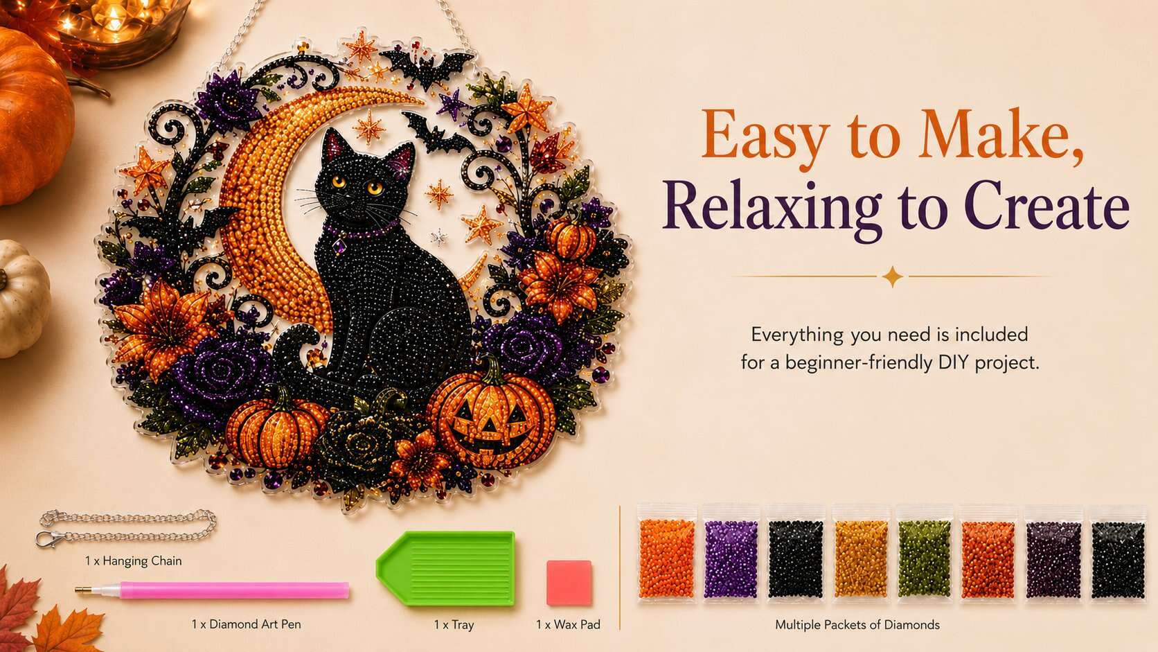 🎃Black Cat Moon Diamond Art Hanging Ornament Kit – Relaxing DIY Halloween Craft 🎃💎