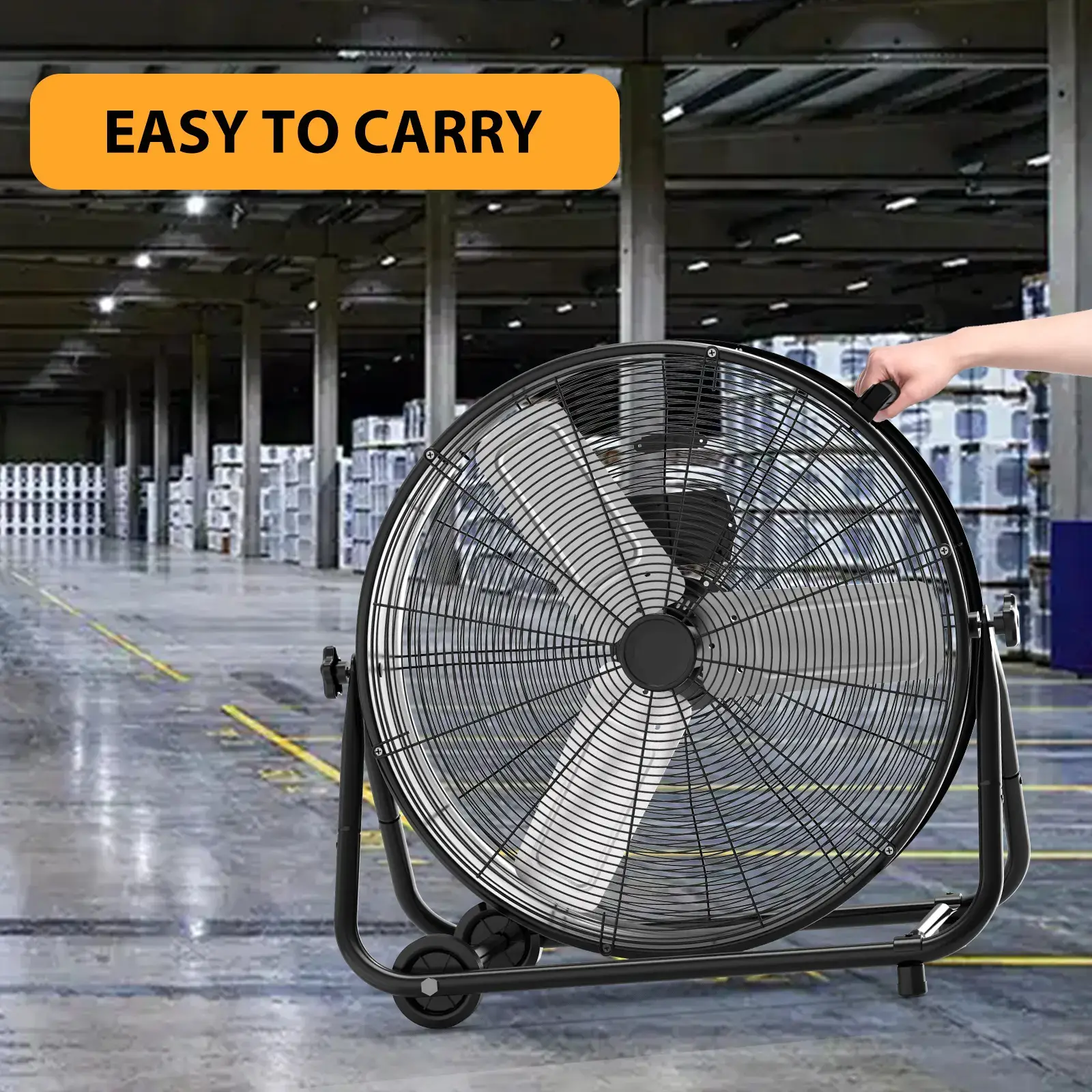 24 Inch High Speed Industrial Drum Floor Fan, heavy-duty full metal construction with 3 speeds and 360° tilt design. Built with portable handle and rolling casters for easy movement, powerful air circulation fan perfect for warehouse, garage