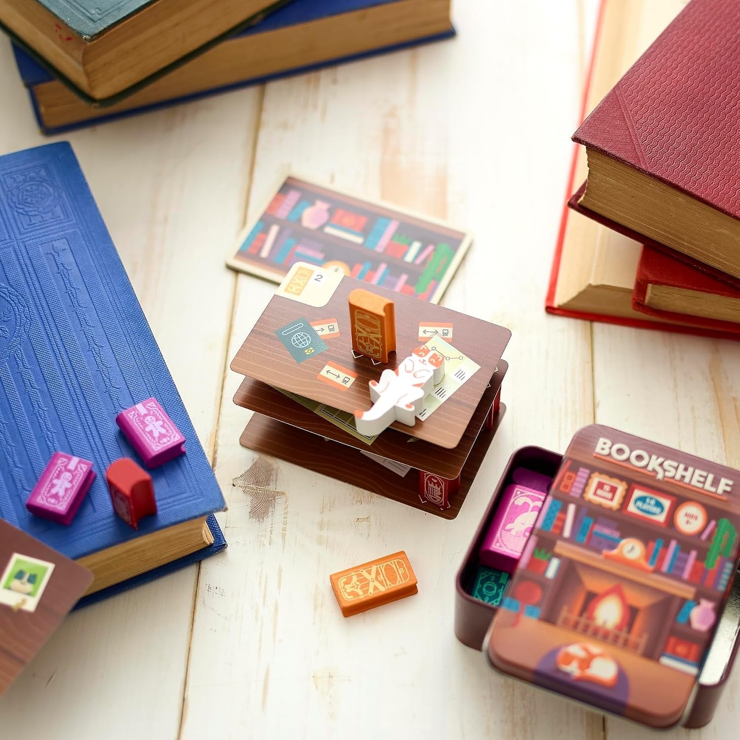 Bookshelf Cooperative Stacking Game | Skill & Balance Card and Book Tower Game in Travel Tin