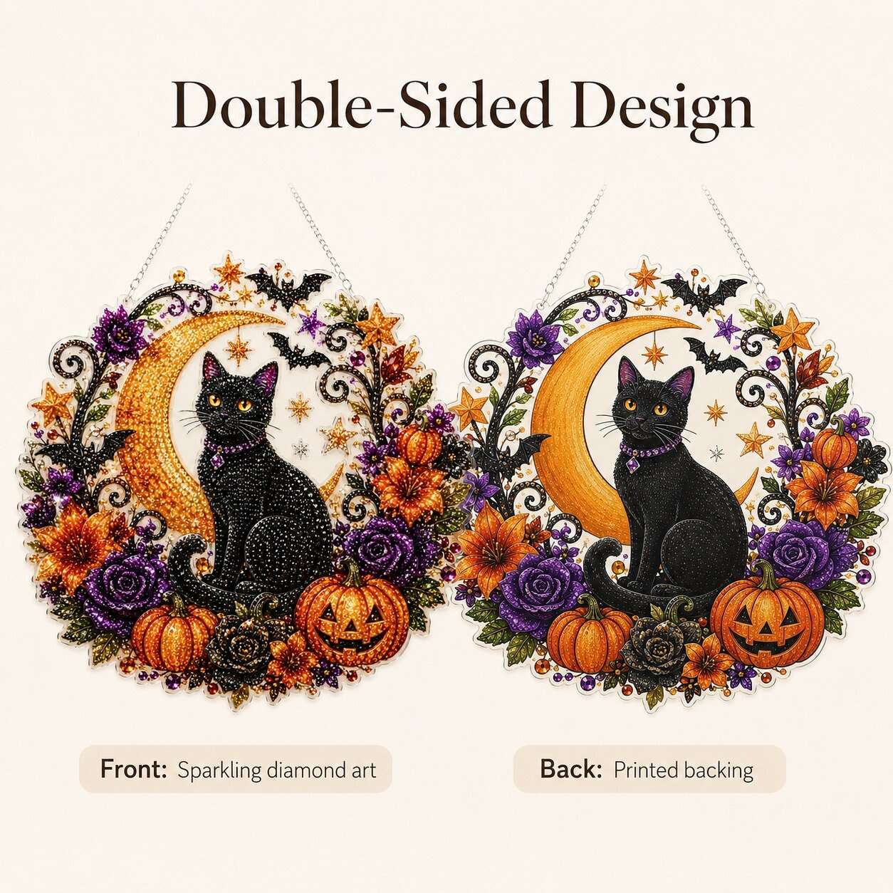 🎃Black Cat Moon Diamond Art Hanging Ornament Kit – Relaxing DIY Halloween Craft 🎃💎