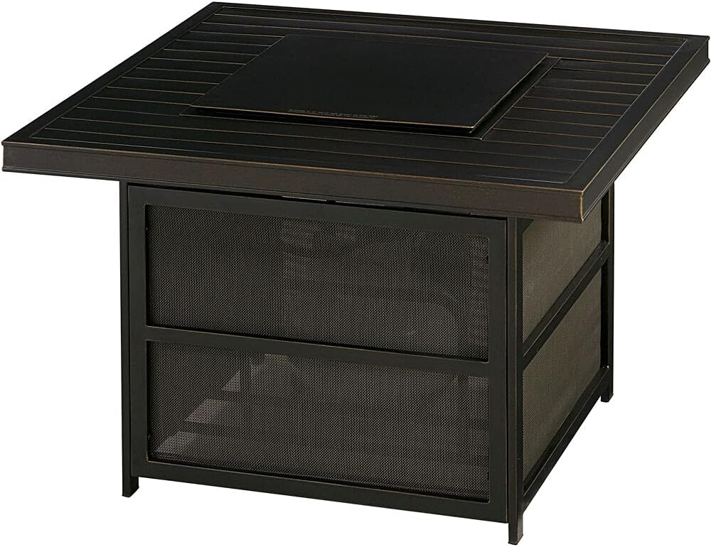 Orleans 5-Piece Steel Patio Fire Pit Conversation Set with Navy Blue Cushions, Swivel Gliders and Square Fire Pit Table