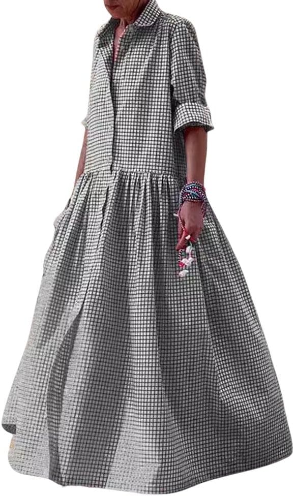 Women's Retro Plaid Button Down Maxi Shirt Dress(Buy 2 Free Shipping)