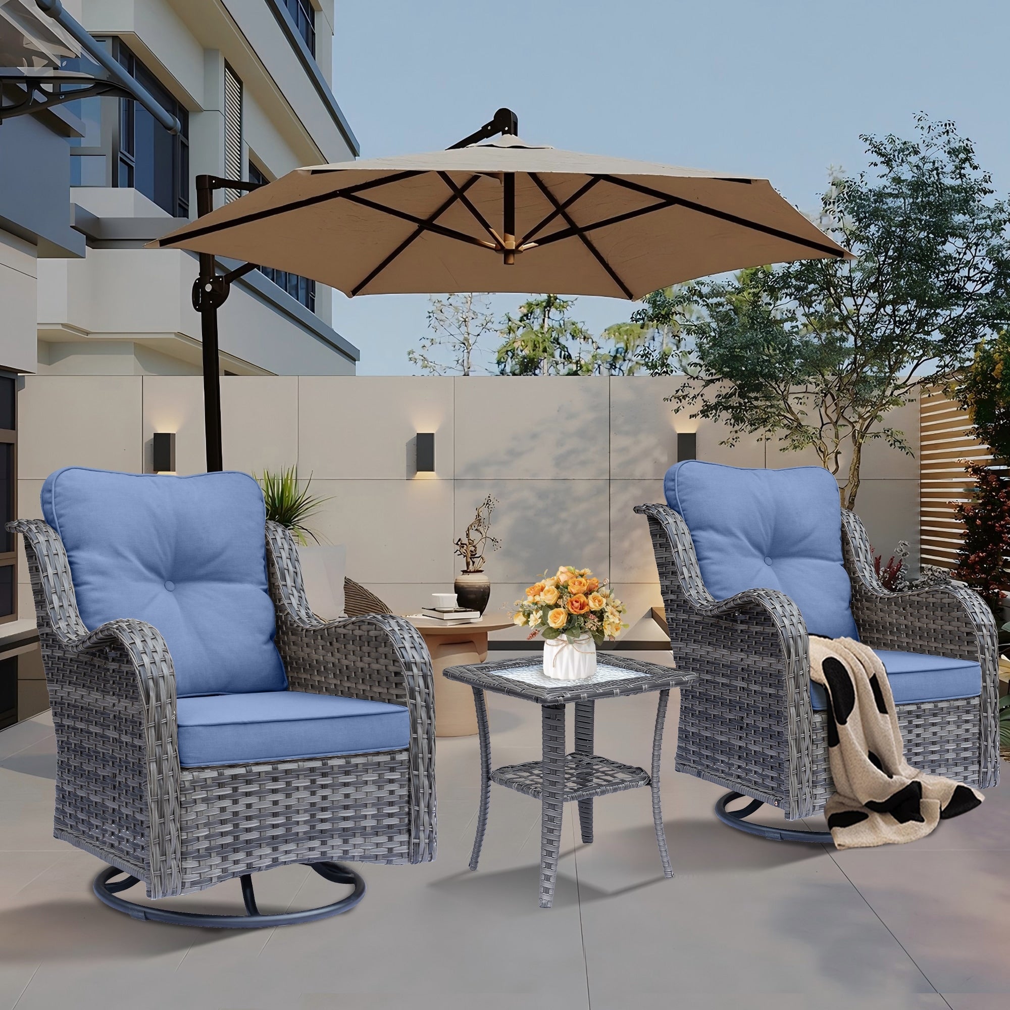 Outdoor Patio Furniture Set-Wicker Patio Conversation Swivel Chair Set