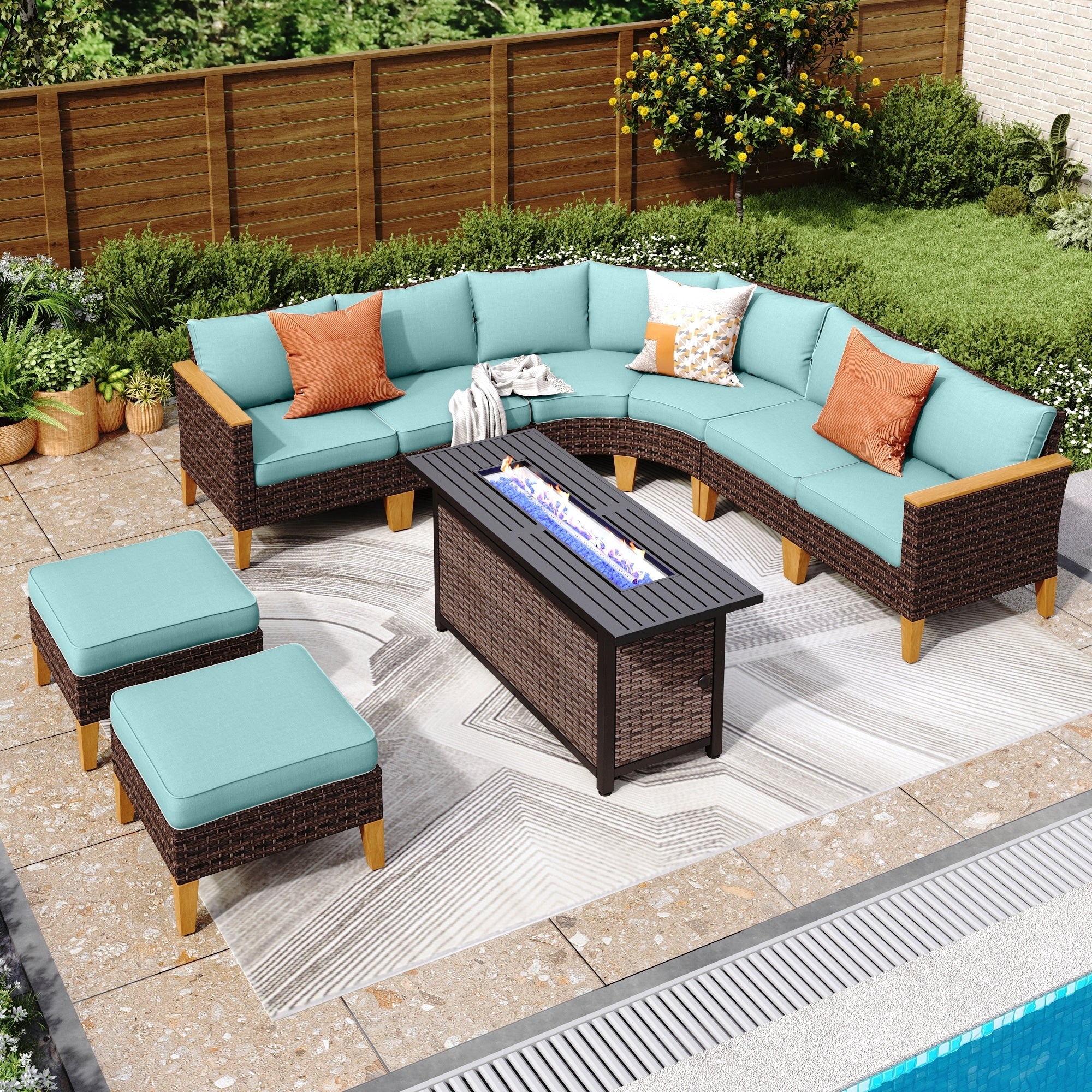 6-11 Piece Patio Outdoor Wicker Sectional Sofa Half-Moon Furniture Set Large Seating Conversation Sets with Fire Pit Table